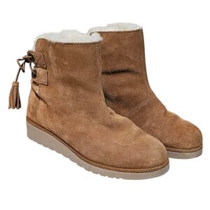Koolaburra Tan Suede Shearling-Lined Ankle Booties